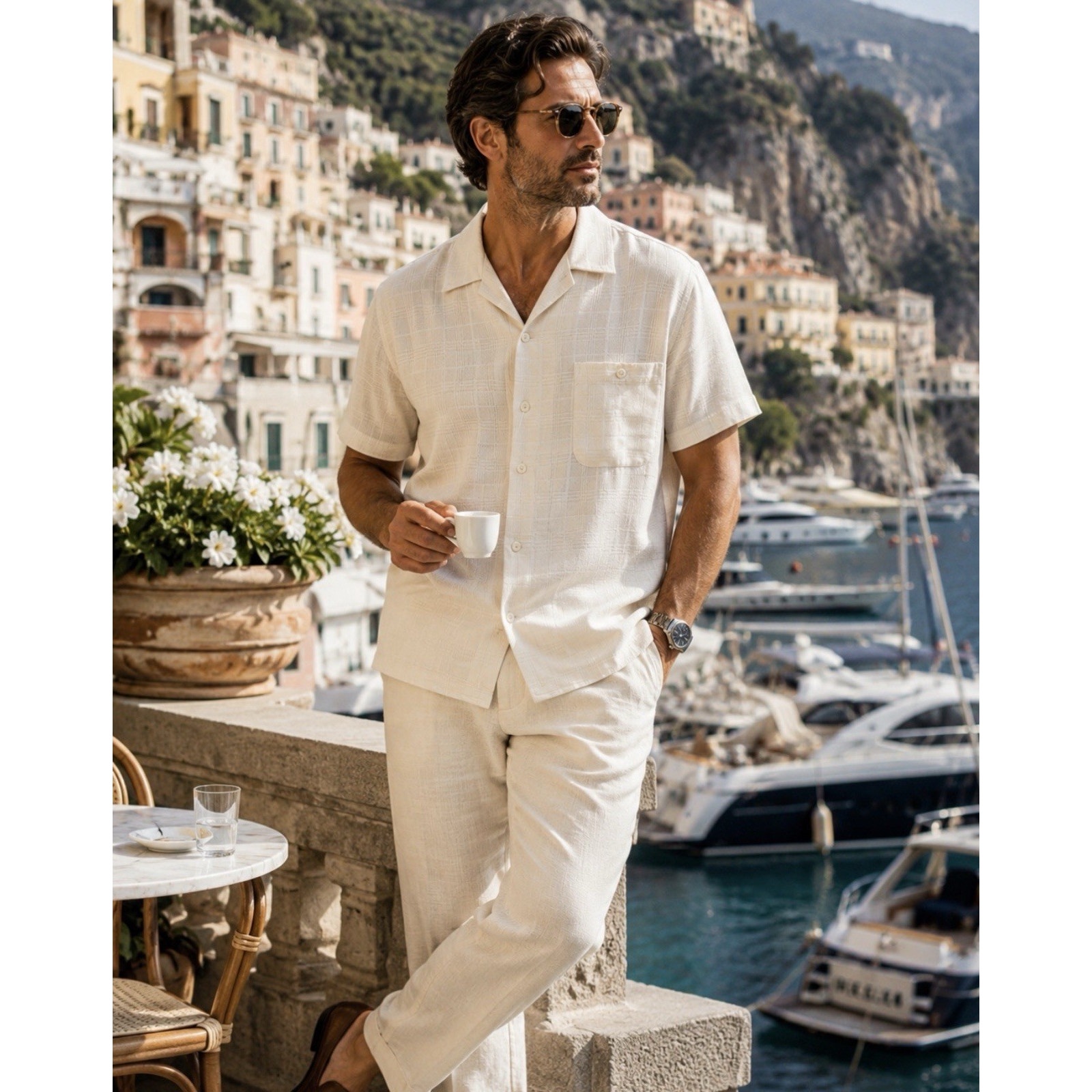 Tulliano Men’s L 100% Silk Camp Shirt Ivory Window Pane Short Sleeve Button Up
